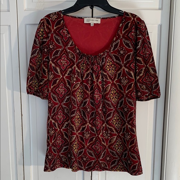 Jones New York Red & Brown Scoop Neck Blouse EUC - Picture 2 of 8
